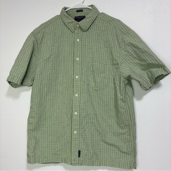 American Eagle Corded Check Linen Cotton Button Front Short Sleeve Casual Men L - Picture 1 of 5